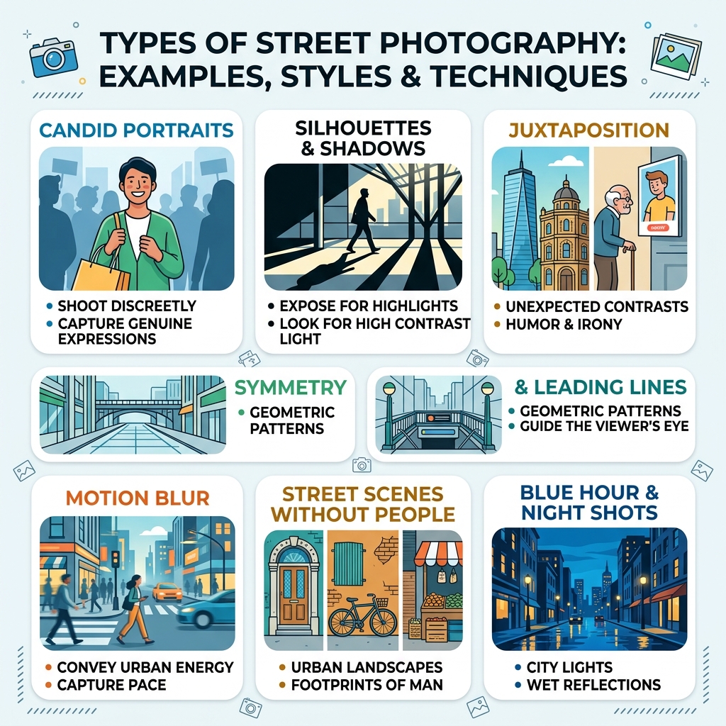 types of street photography examples with key techniques and styles - street photography examples infographic types of street photography examples with key techniques and styles - street photography examples infographic