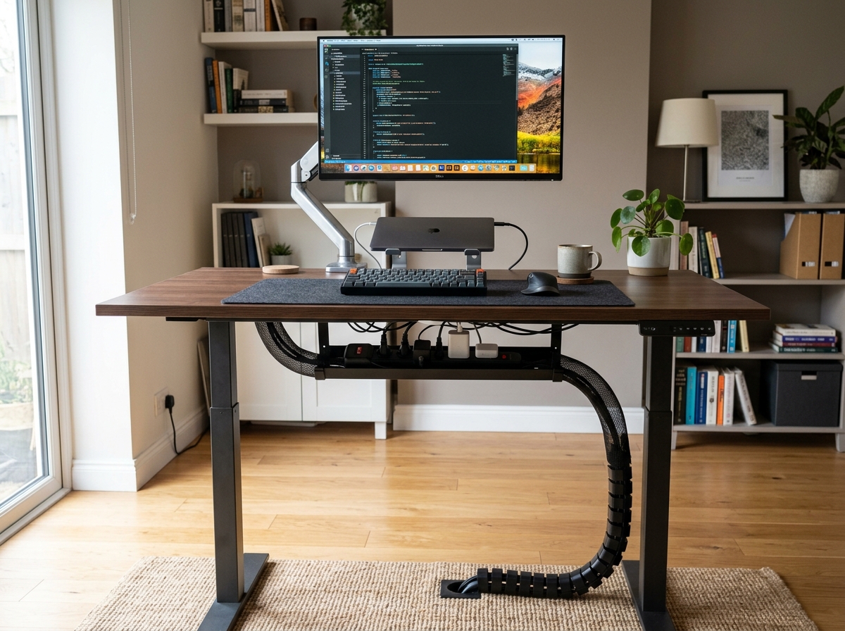 standing desk with a proper cable service loop - eco friendly cable management