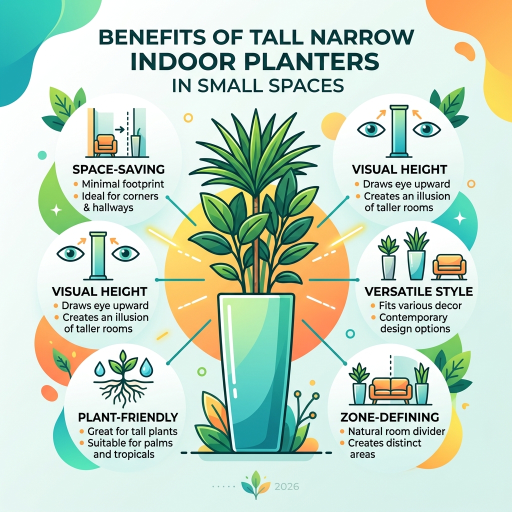 Benefits of tall narrow indoor planters in small spaces infographic - tall narrow planter indoor infographic 