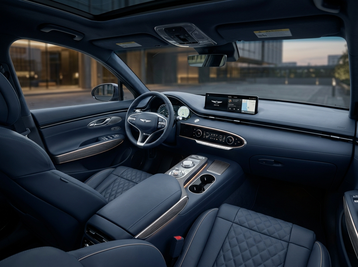 Interior shot of the 2026 Genesis GV70 featuring the 27-inch OLED display - 2026 Genesis GV70 SUV Interior shot of the 2026 Genesis GV70 featuring the 27-inch OLED display - 2026 Genesis GV70 SUV