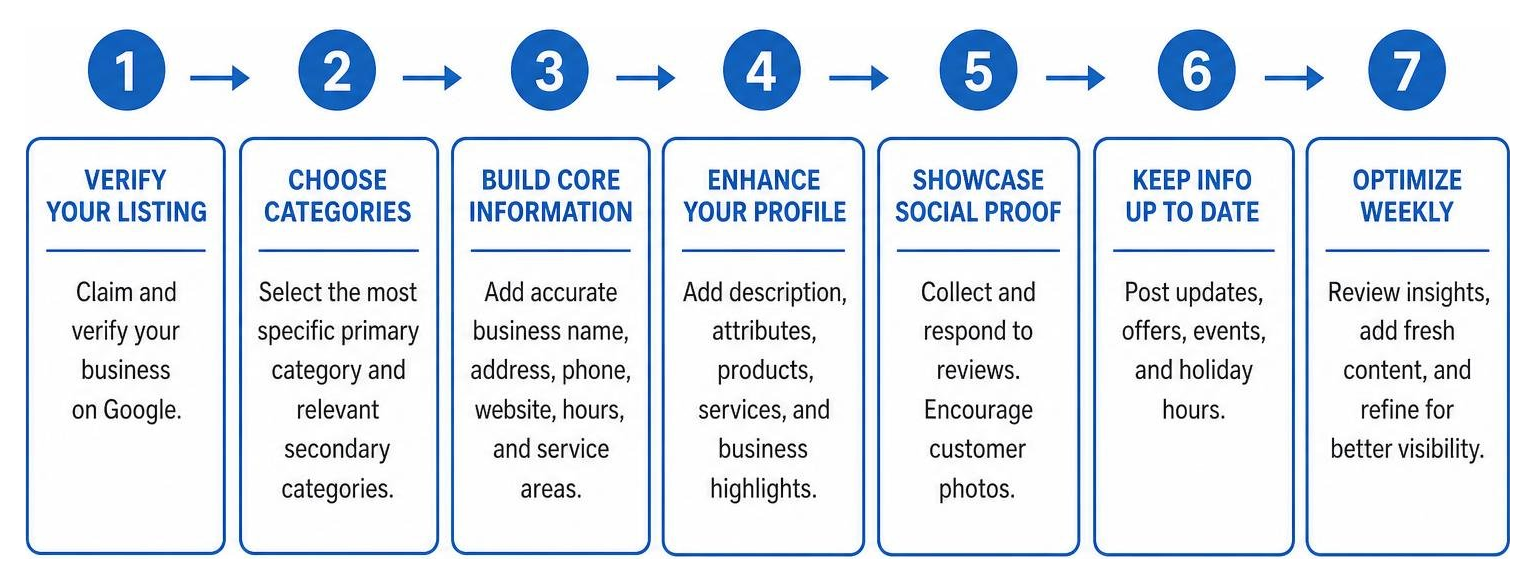 A step-by-step diagram illustrating the hierarchy of Google Business Profile optimization, starting from core verification