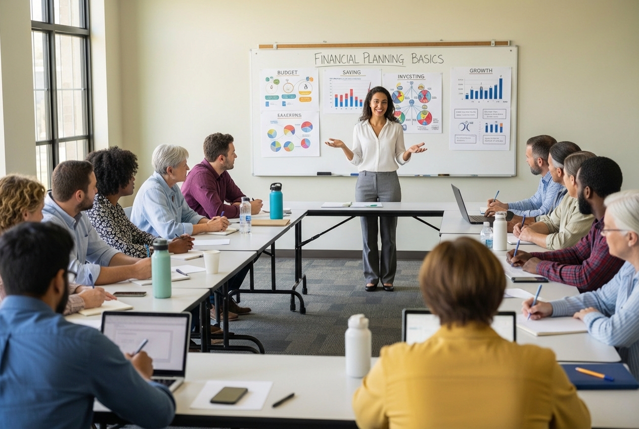A coordinator leading a small workshop on financial literacy in a community setting - support services coordinator salary A coordinator leading a small workshop on financial literacy in a community setting - support services coordinator salary
