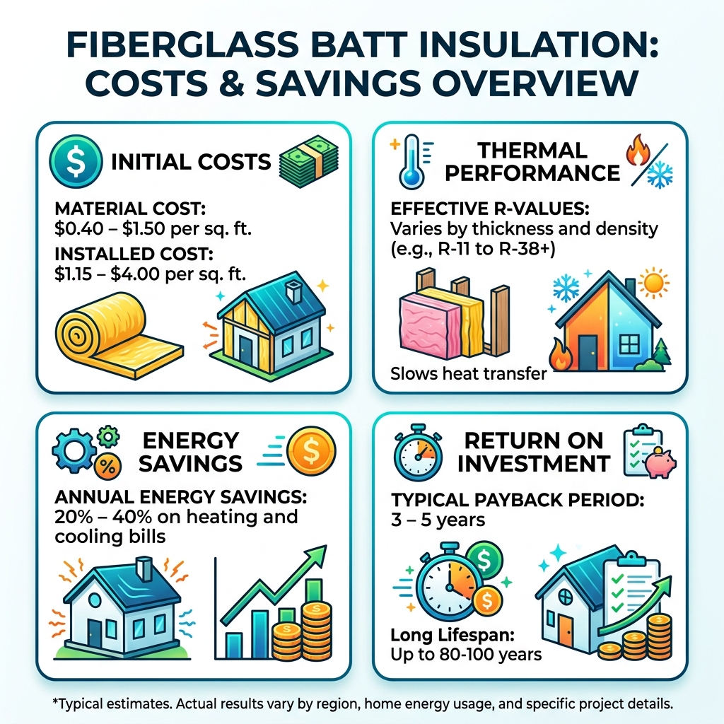 Infographic showing fiberglass batt costs, R-values, energy savings percentages, and payback period - fiberglass batts cost