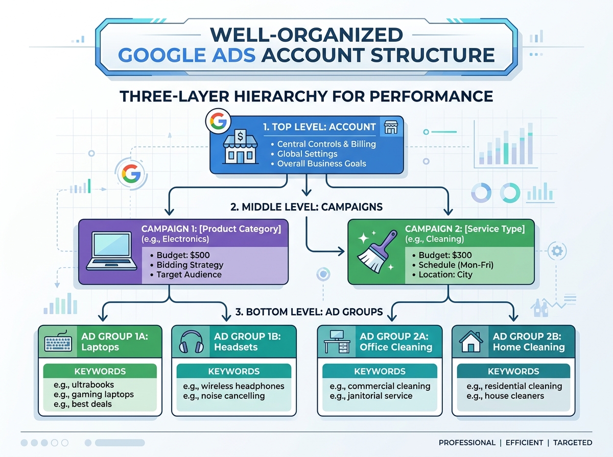 A well-organized Google Ads account structure showing Account, Campaigns, Ad Groups, and Keywords - google search campaign
