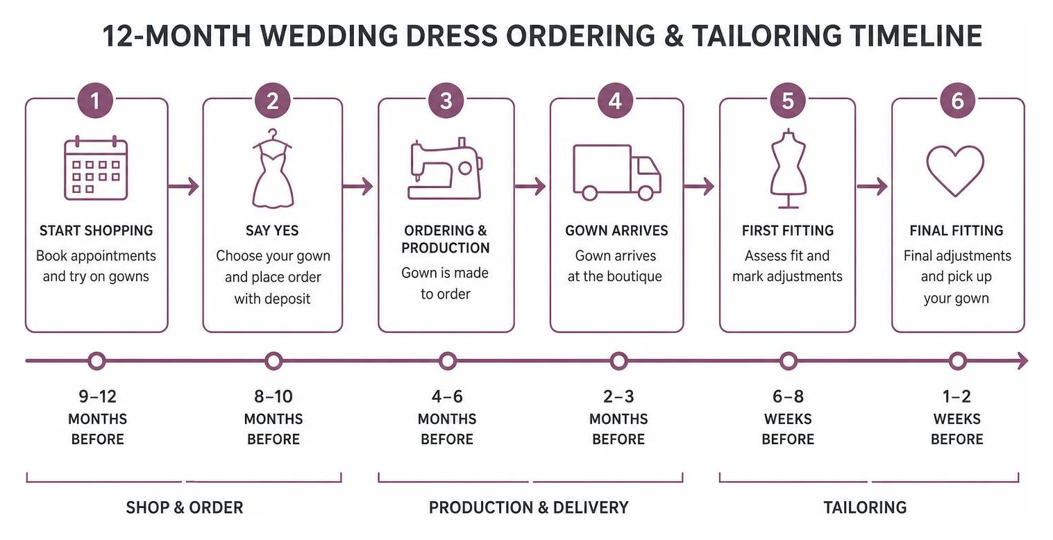Diagram illustrating the 12-month wedding dress ordering and tailoring timeline Diagram illustrating the 12-month wedding dress ordering and tailoring timeline