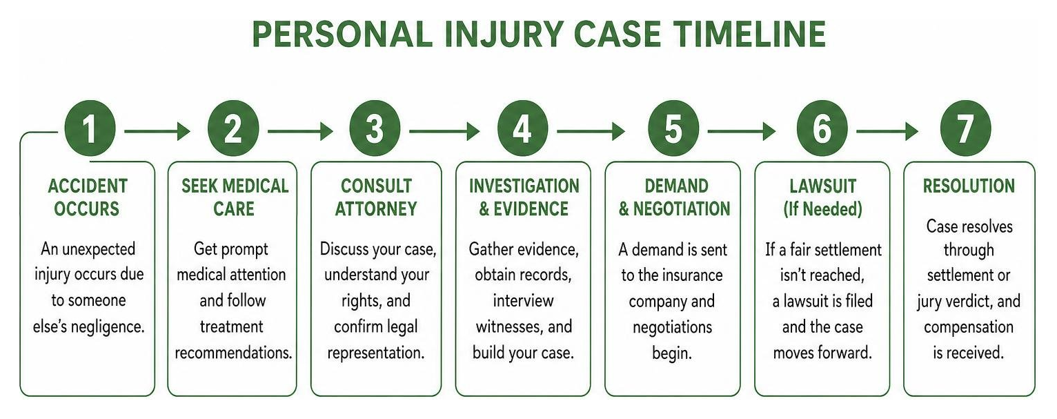 Personal Injury Case Timeline showing steps from initial accident to case resolution Personal Injury Case Timeline showing steps from initial accident to case resolution