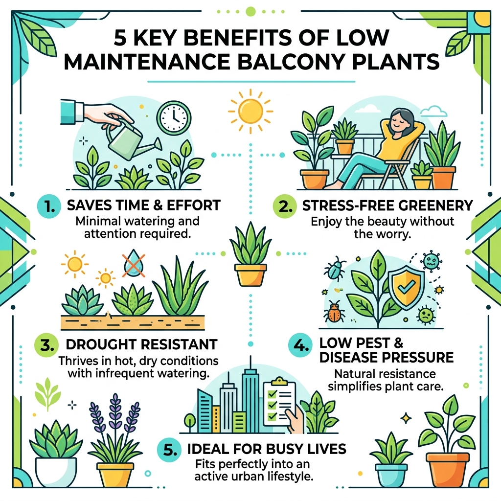 5 key benefits of low maintenance balcony plants infographic - low maintenance balcony plants infographic 
