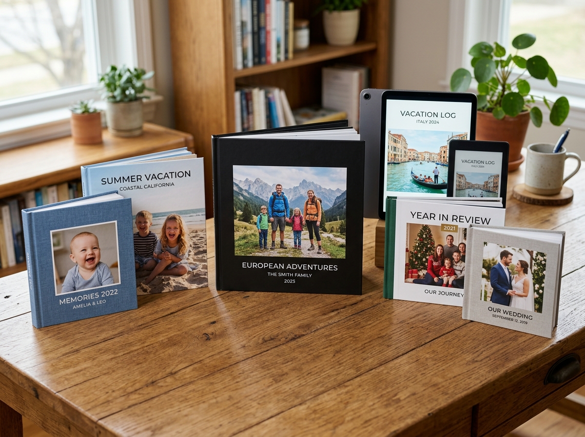 Various styles of photo books and digital albums displayed on a desk - album photo maker