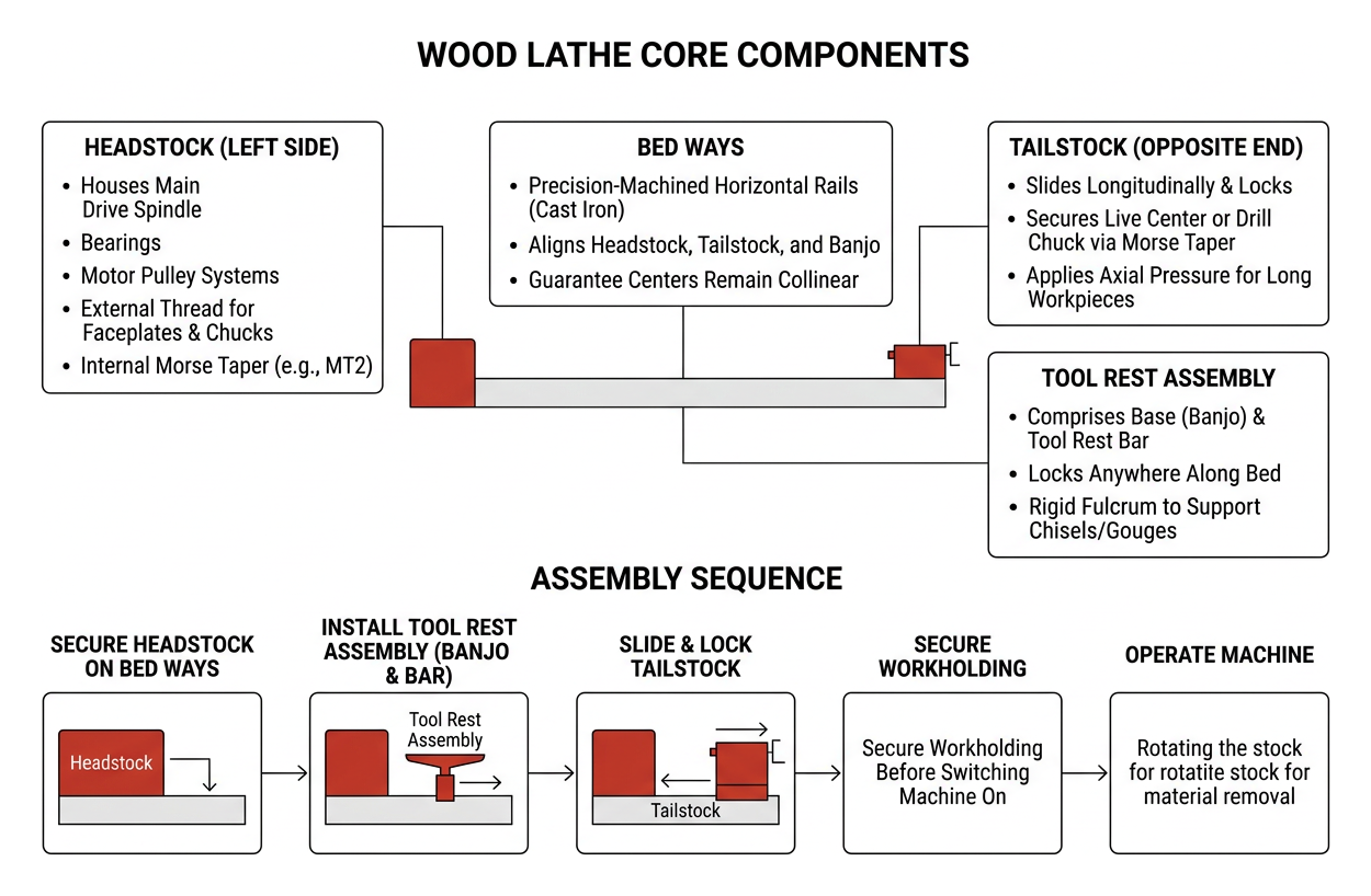 Wood lathe mechanical components and assembly sequence Wood lathe mechanical components and assembly sequence