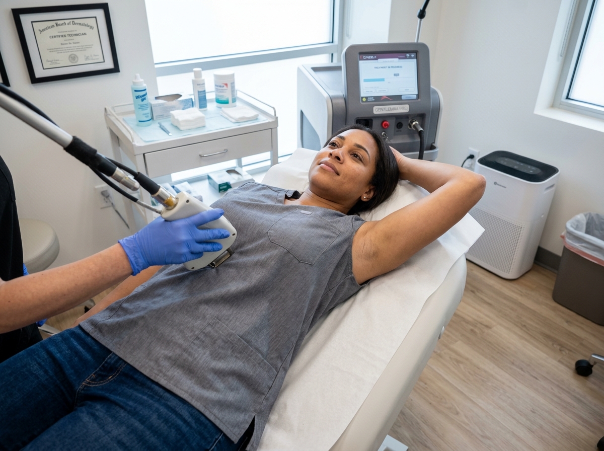 Neck-down shot of a patient receiving laser hair removal treatment on the underarm area - armpit hair removal