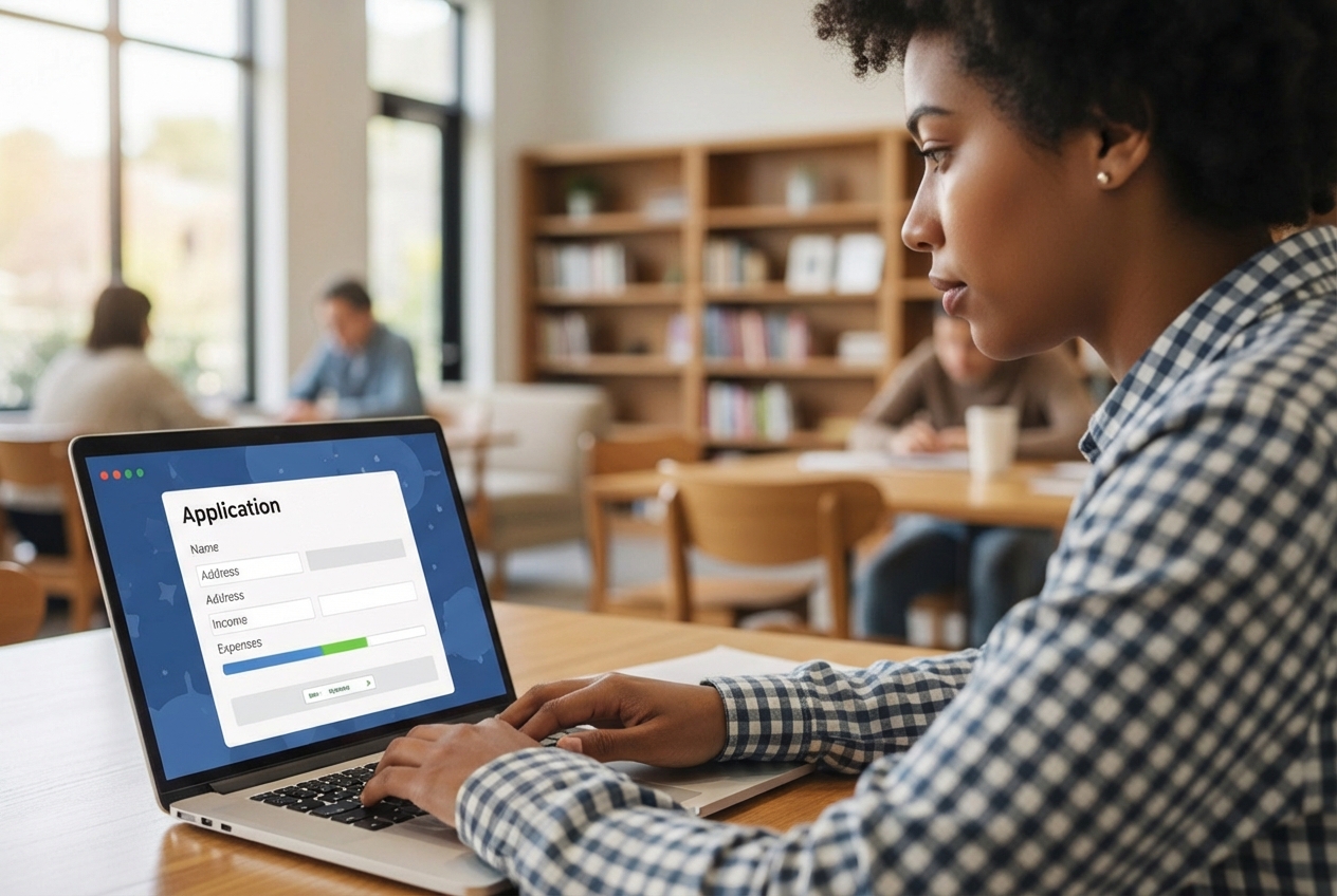 person on a laptop applying for financial aid - housing assistance for eviction