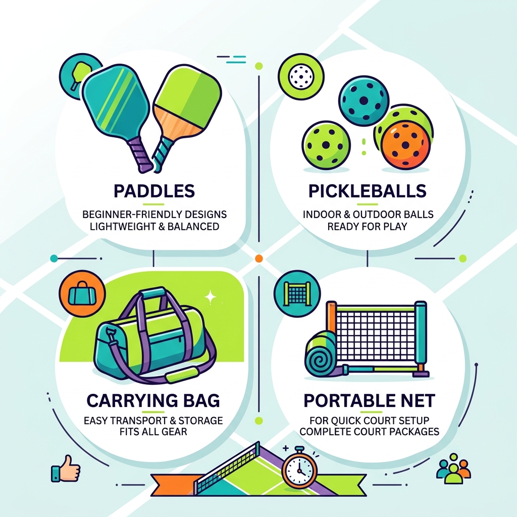 Components of a standard pickleball beginner set: paddles, balls, bag, and net - pickleball beginner set infographic 