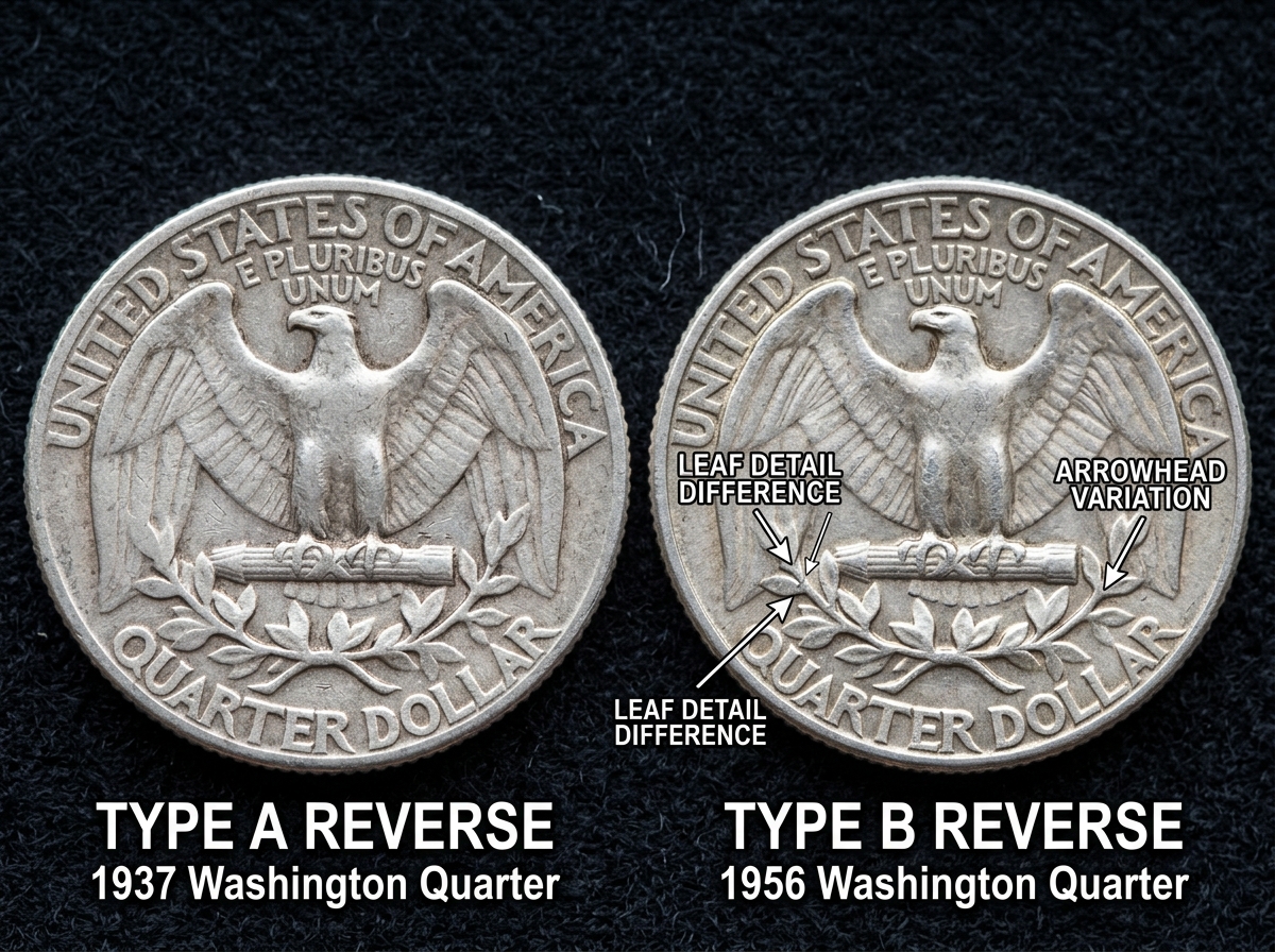 Comparison of Type A and Type B Washington quarter reverse details - washington reverse quarter