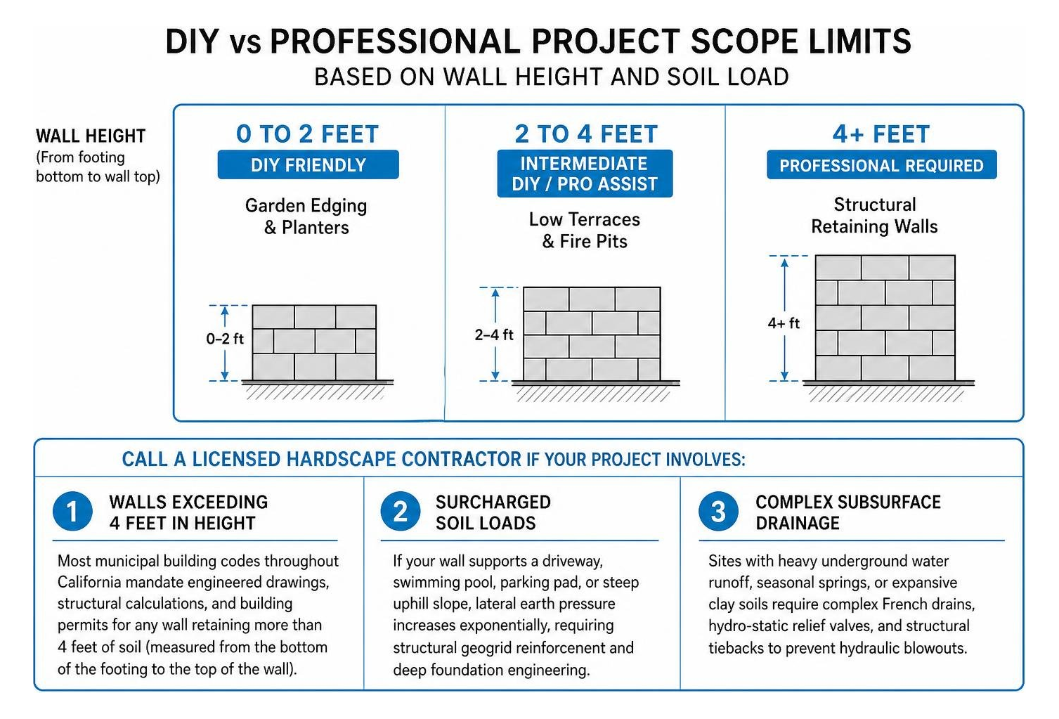 Diagram showing DIY vs Professional project scope limits based on wall height and soil load Diagram showing DIY vs Professional project scope limits based on wall height and soil load