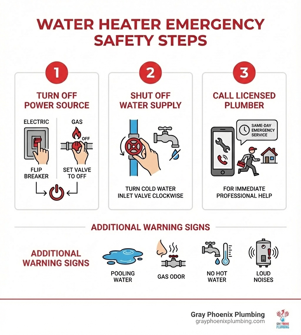 Infographic showing 3 immediate safety steps for a failed water heater: 1) Turn off power source - flip breaker for electric or set gas valve to OFF, 2) Shut off water supply - turn cold water inlet valve clockwise, 3) Call licensed plumber - for same-day emergency service. Additional warning signs shown: pooling water, gas odor, no hot water, loud noises. - emergency water heater replacement near me infographic 