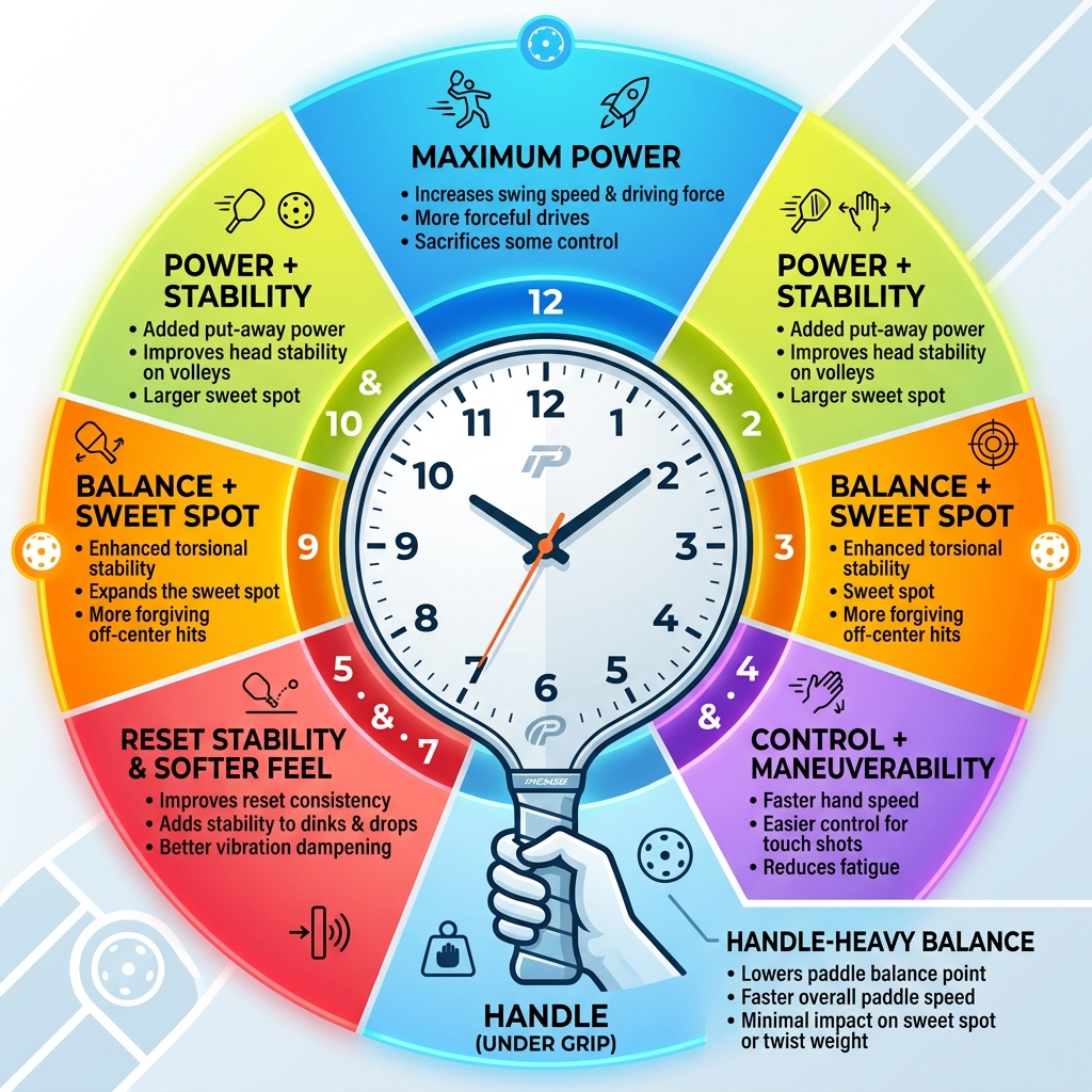 Clock-face diagram showing pickleball paddle weight placement positions and their performance effects - pickleball paddle Clock-face diagram showing pickleball paddle weight placement positions and their performance effects - pickleball paddle