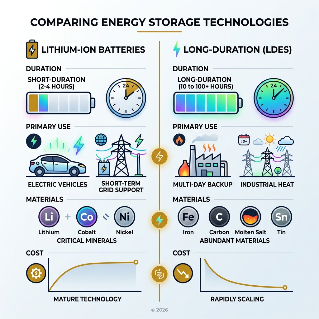comparison infographic of lithium-ion vs long-duration energy storage technologies - energy new technology infographic 