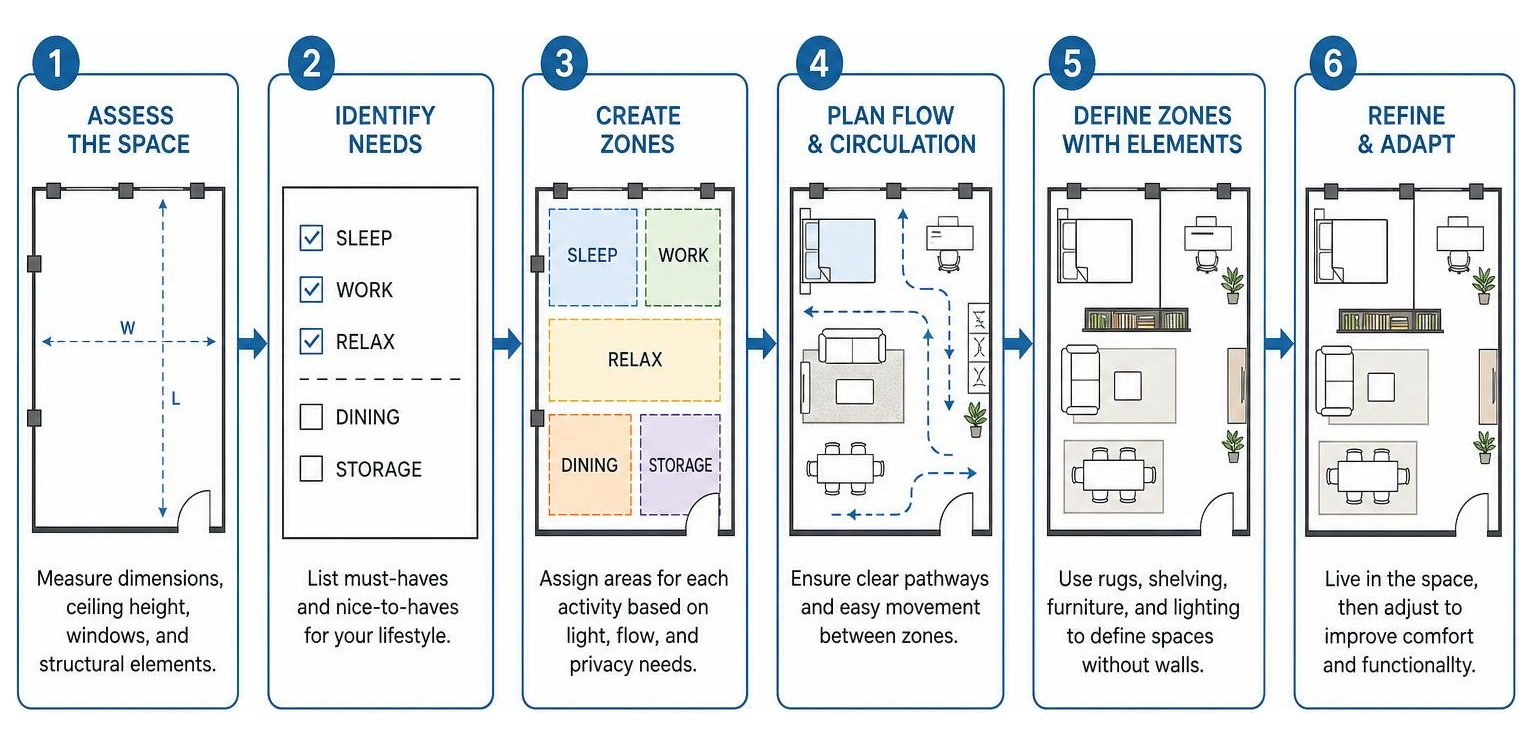 Process of planning and zoning an open-concept loft layout