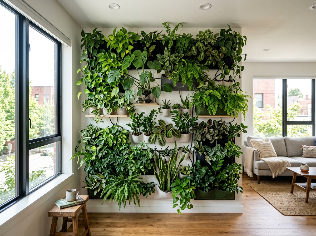 modern vertical plant wall in a small apartment - indoor plant display ideas