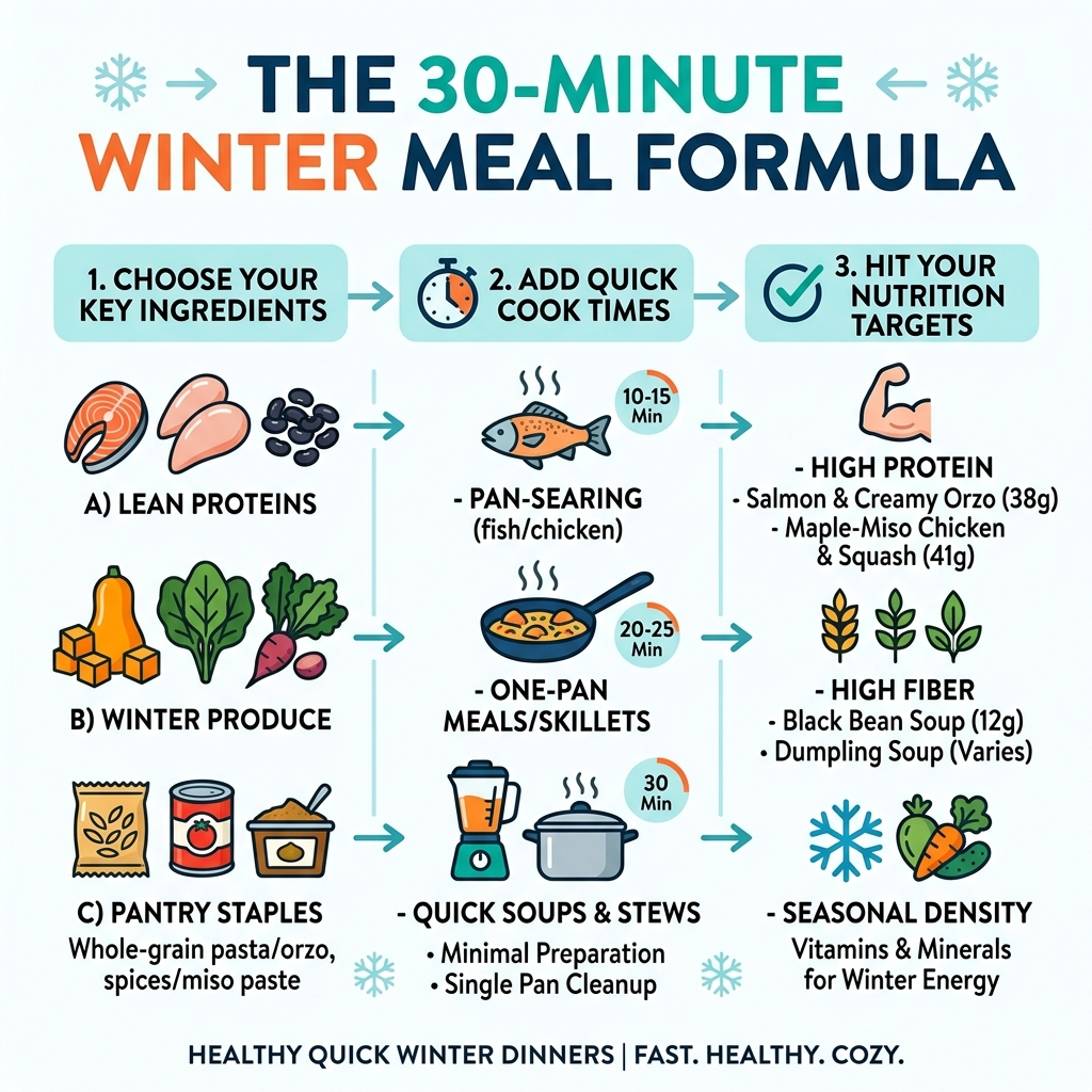 Infographic: the 30-minute winter meal formula with key ingredients, cook times, and nutrition targets - healthy quick Infographic: the 30-minute winter meal formula with key ingredients, cook times, and nutrition targets - healthy quick