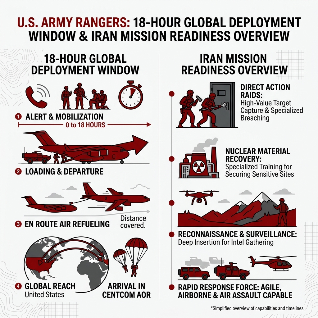 Infographic: U.S. Army Rangers 18-hour global deployment window and Iran mission readiness overview - Are Army Rangers