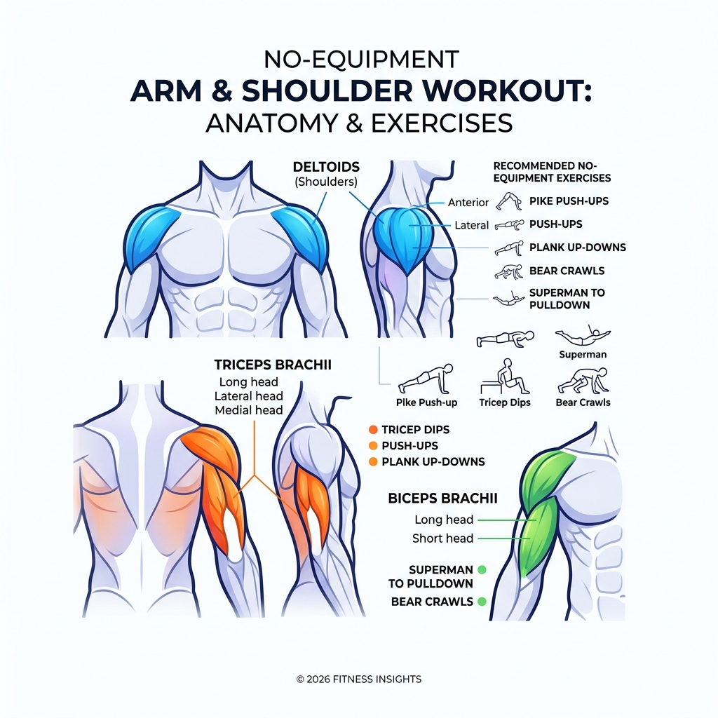 Anatomy infographic of biceps, triceps, and deltoids with exercise labels - no equipment arm workout upper infographic 
