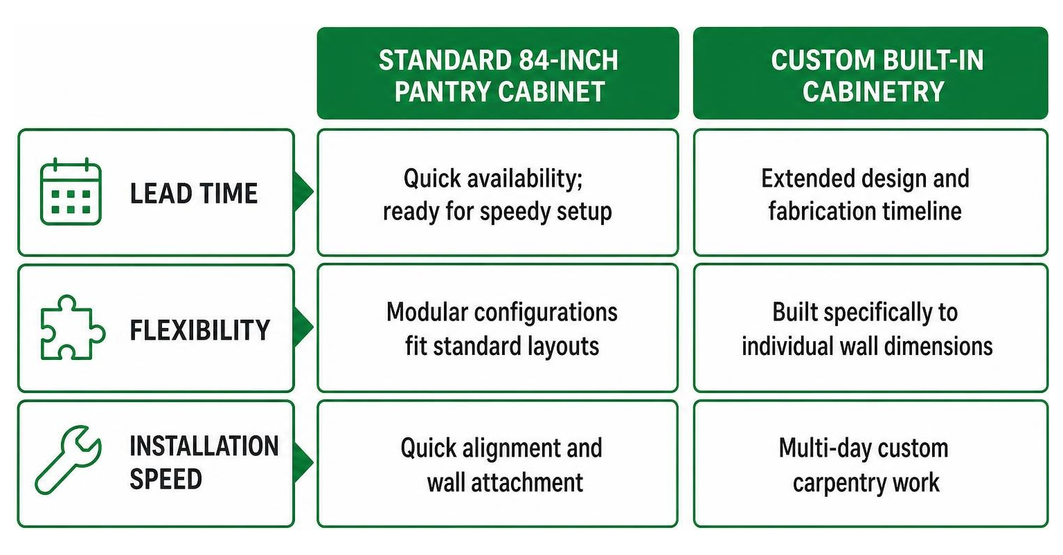 comparison between standard pantry cabinet and custom built in