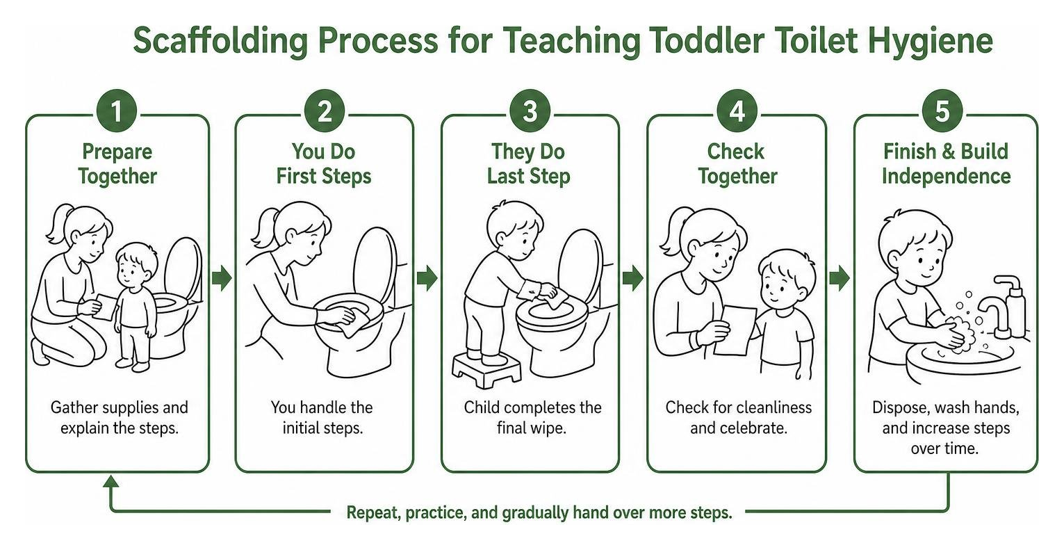 Visual diagram of the scaffolding process for teaching toddler toilet hygiene