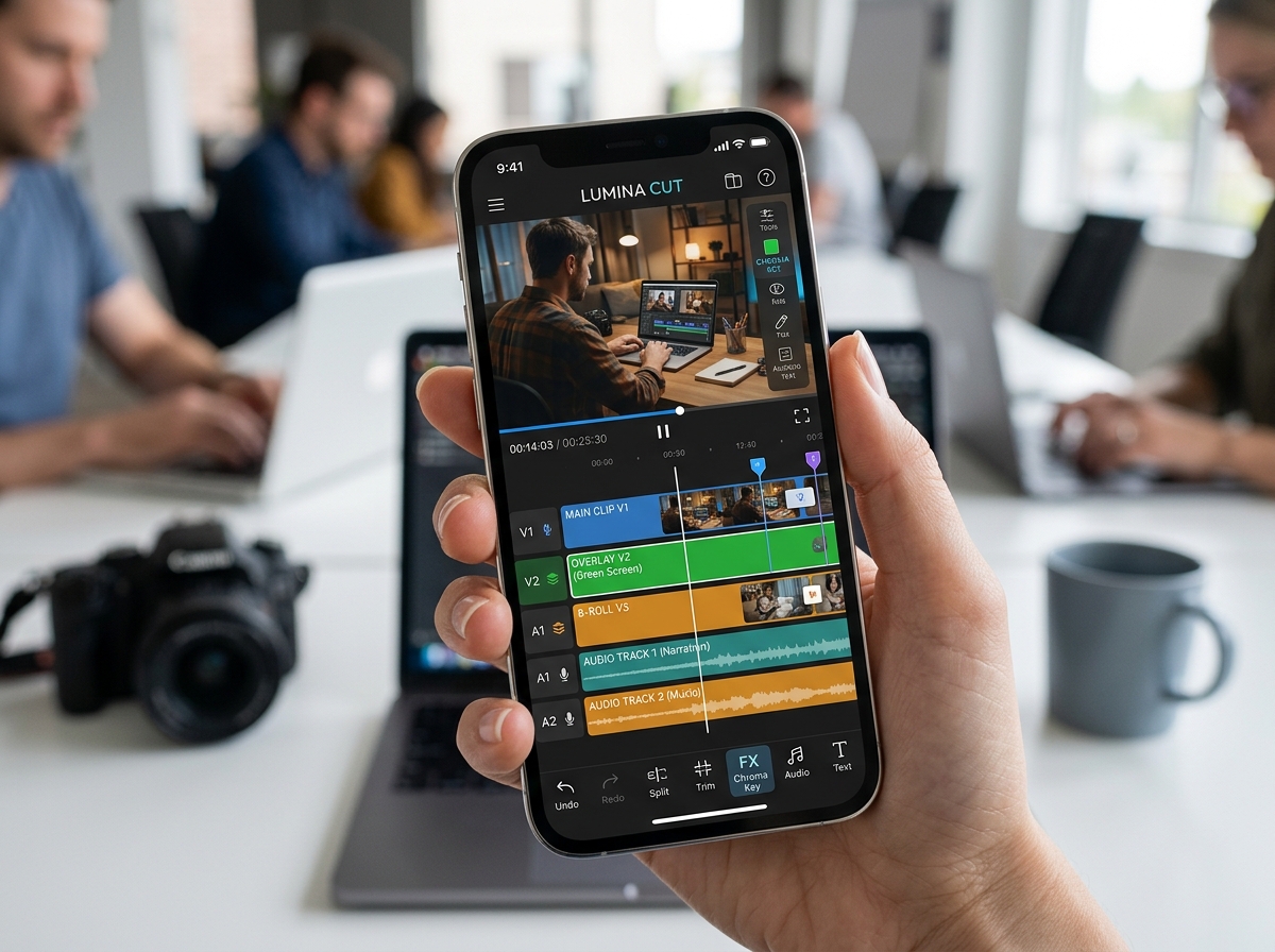 Mobile video editing interface showing multiple layers on a timeline - video editing app green screen Mobile video editing interface showing multiple layers on a timeline - video editing app green screen