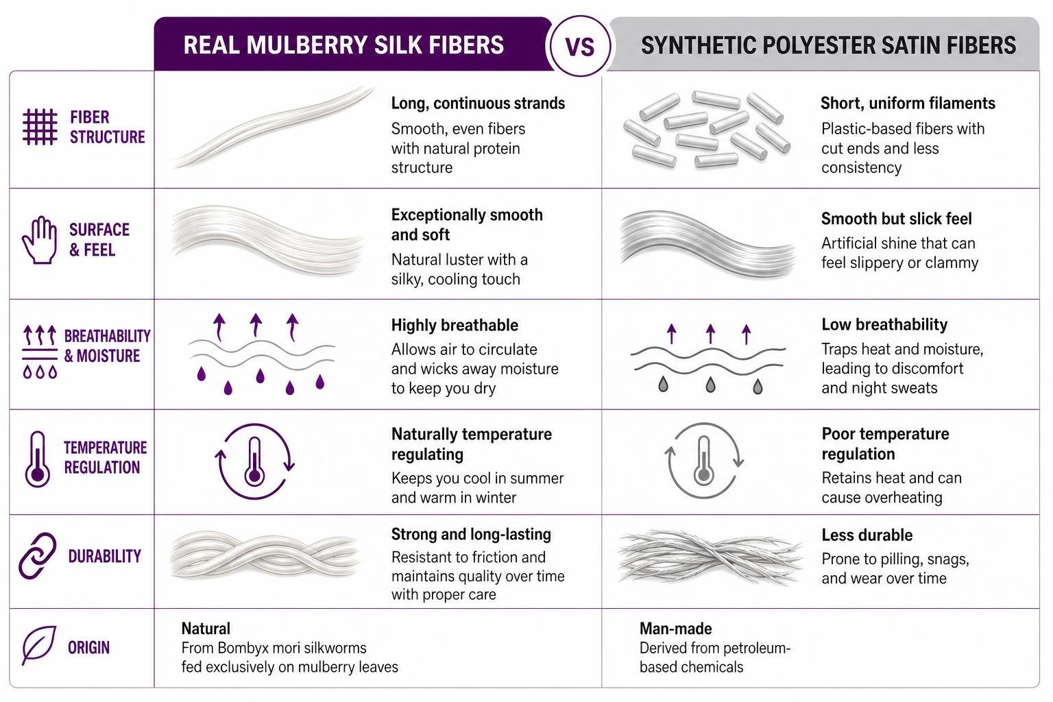 Comparison of real Mulberry silk fibers vs synthetic polyester satin fibers