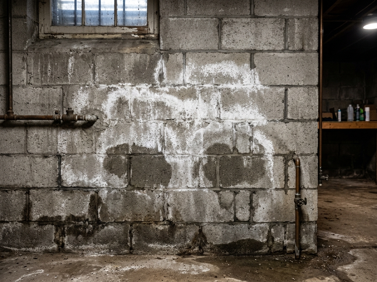 White efflorescence stains and damp spots on a concrete basement wall - water leaking into basement after heavy rain White efflorescence stains and damp spots on a concrete basement wall - water leaking into basement after heavy rain