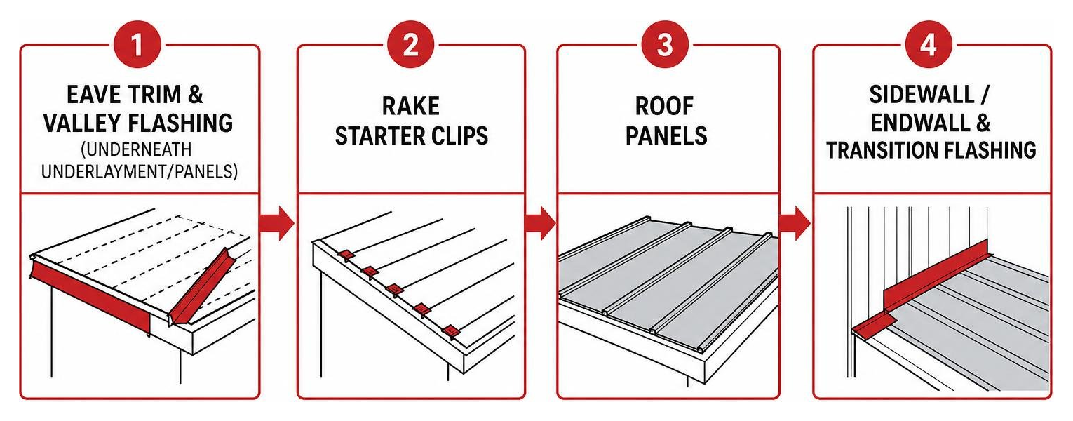 Step-by-step trim installation order flowchart from eave trim to ridge cap