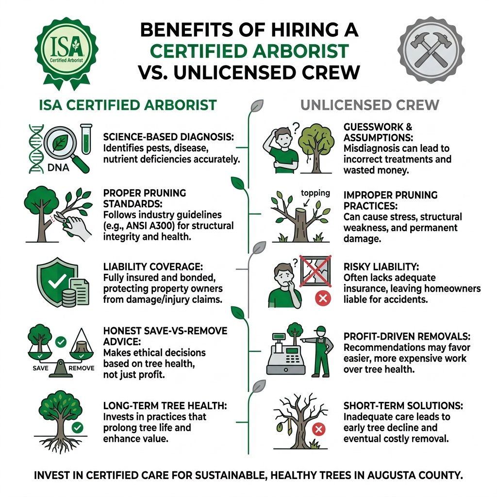 Infographic showing benefits of hiring a certified arborist vs unlicensed crew: science-based diagnosis, proper pruning Infographic showing benefits of hiring a certified arborist vs unlicensed crew: science-based diagnosis, proper pruning