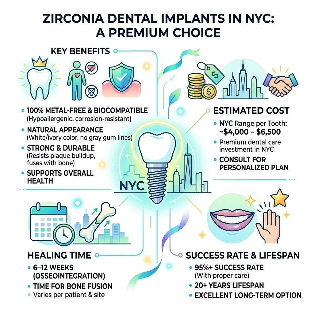 Infographic showing key benefits, cost, healing time, and success rate of zirconia dental implants in NYC - zirconia dental