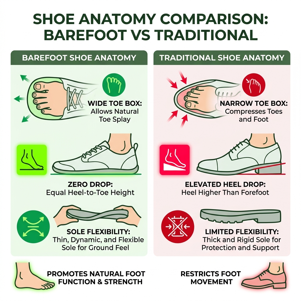 Barefoot shoes vs traditional shoes anatomy infographic showing toe box width zero drop and sole flexibility - barefoot