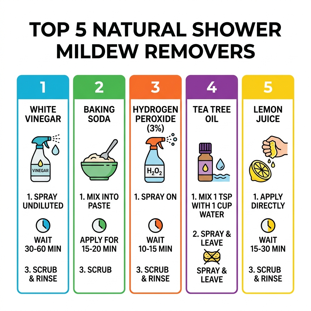 Infographic showing the 5 best natural shower mildew removers with application steps and dwell times - natural shower mildew