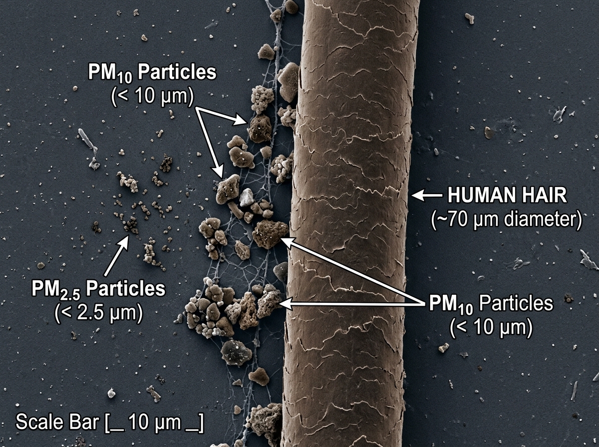 Microscopic comparison of PM2.5 and PM10 particles against a human hair - measure air quality