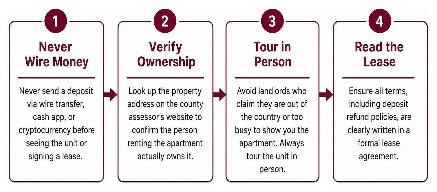 Diagram showing steps to verify a landlord and avoid a rental scam