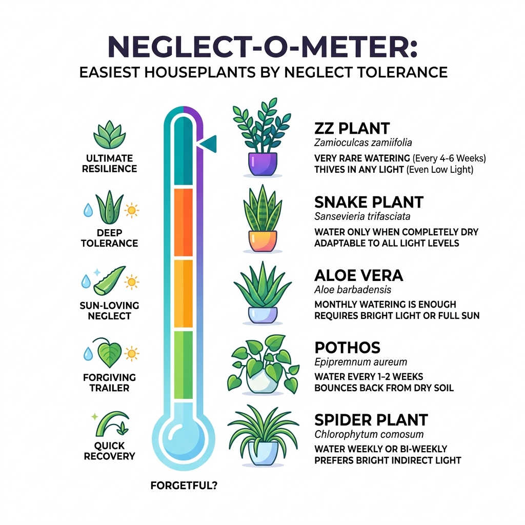 Neglect-O-Meter infographic ranking beginner houseplants by how much neglect they can tolerate - easiest plants to look Neglect-O-Meter infographic ranking beginner houseplants by how much neglect they can tolerate - easiest plants to look