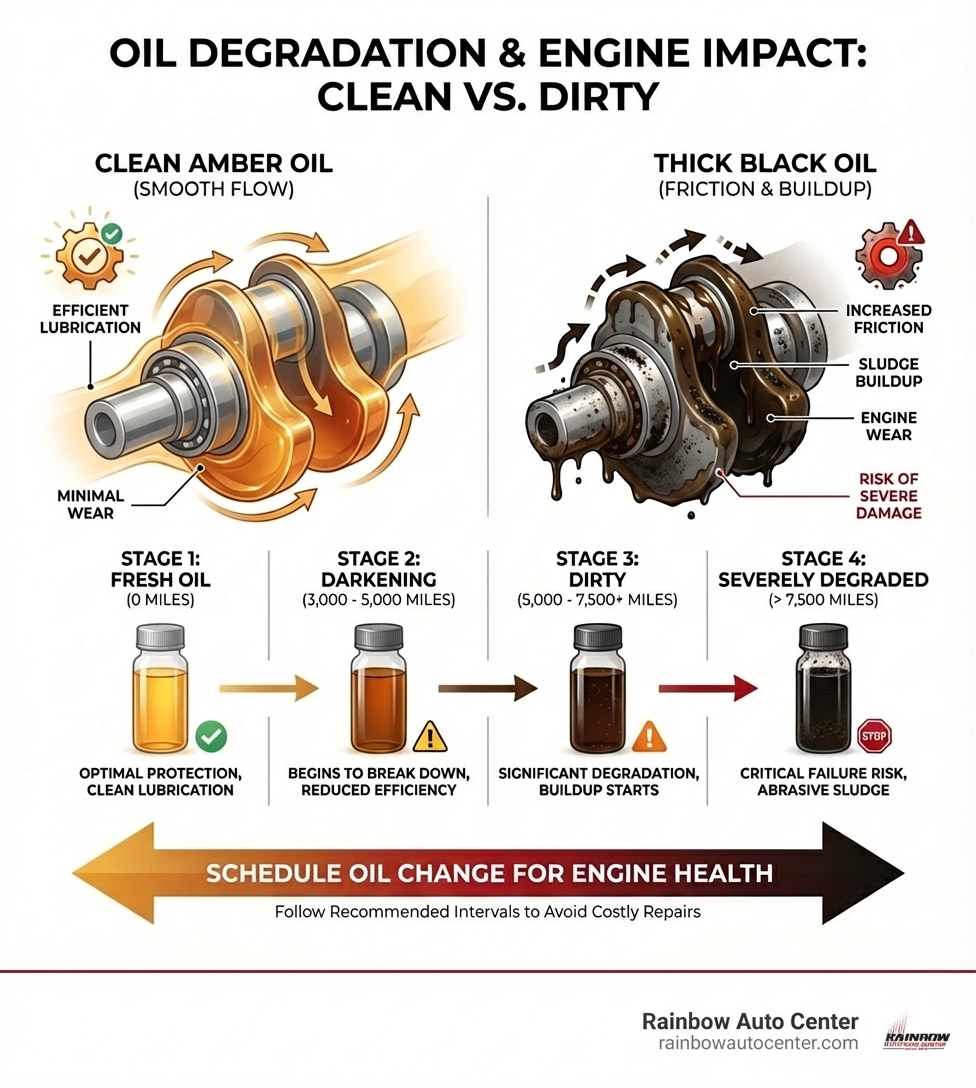 infographic showing clean amber oil flowing through engine components versus thick black oil causing buildup and friction, with labeled stages of oil degradation over mileage intervals - oil change hayward infographic 