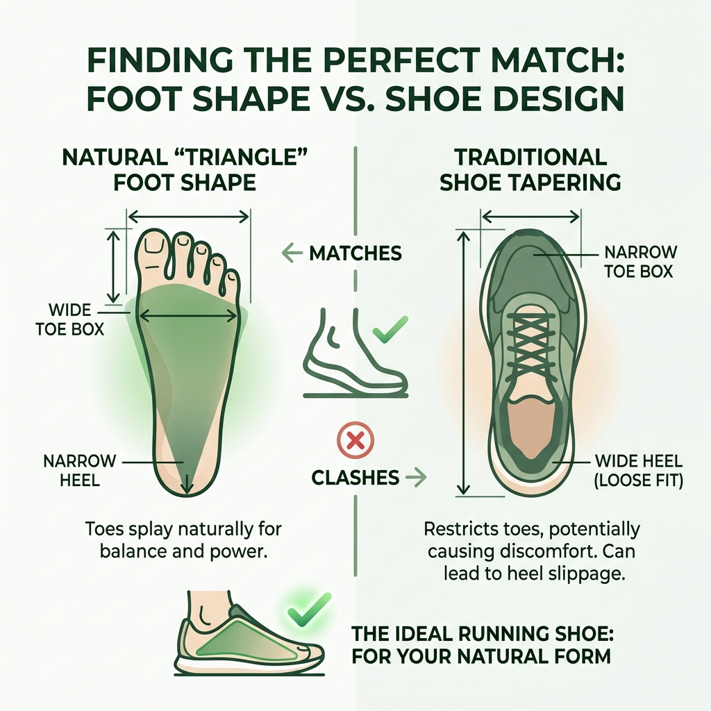 Infographic comparing triangle foot shape vs traditional shoe tapering with toe box and heel width - best running shoes with Infographic comparing triangle foot shape vs traditional shoe tapering with toe box and heel width - best running shoes with