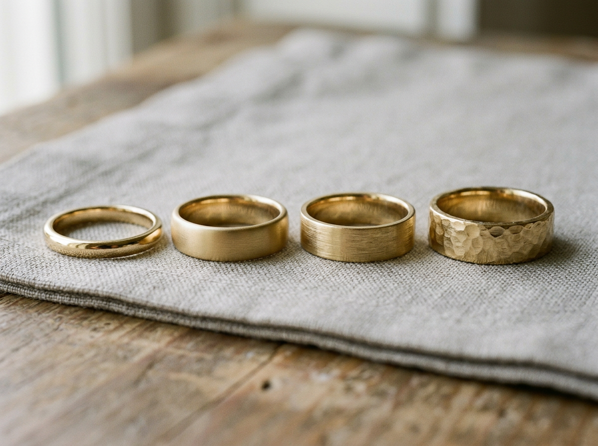 Image showing various ring metal finishes including high polish, matte, brushed, and hammered textures, alongside different