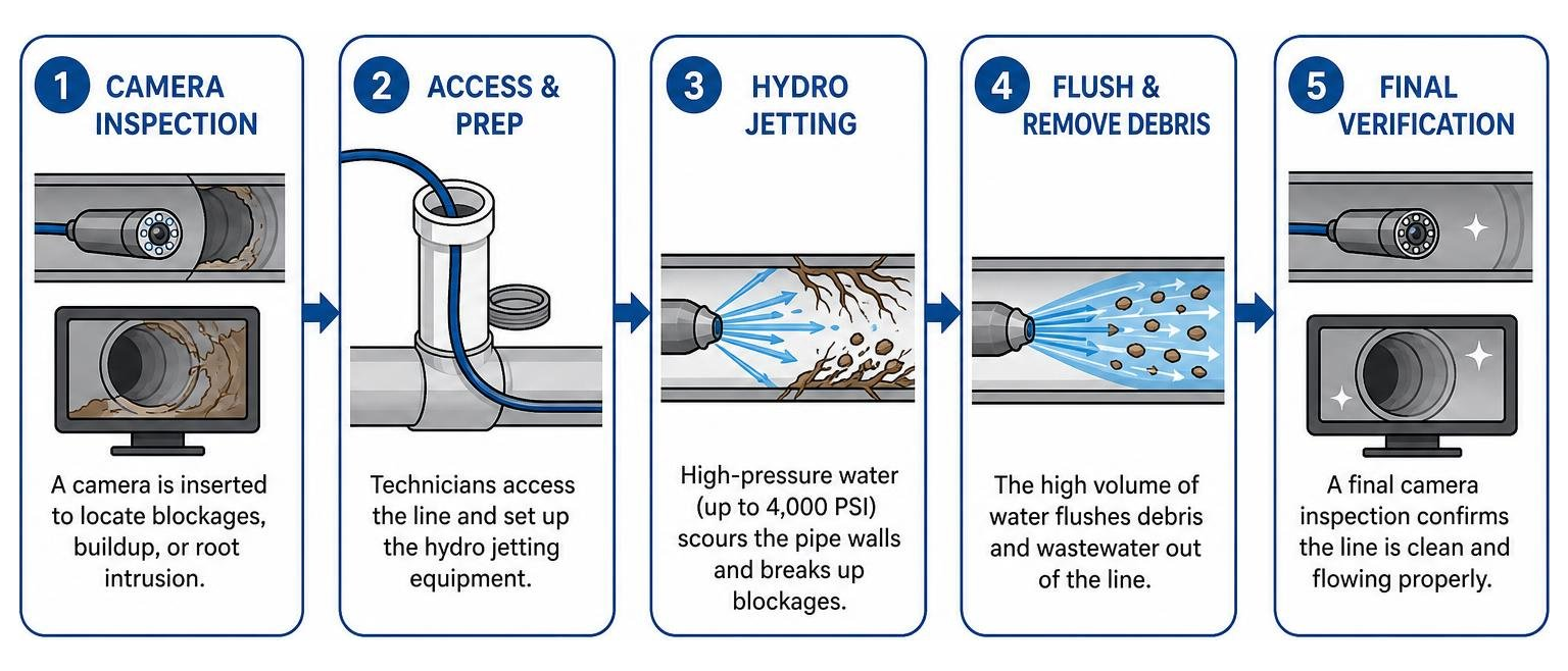 Diagram showing the step-by-step hydro jetting process from camera inspection to final verification Diagram showing the step-by-step hydro jetting process from camera inspection to final verification