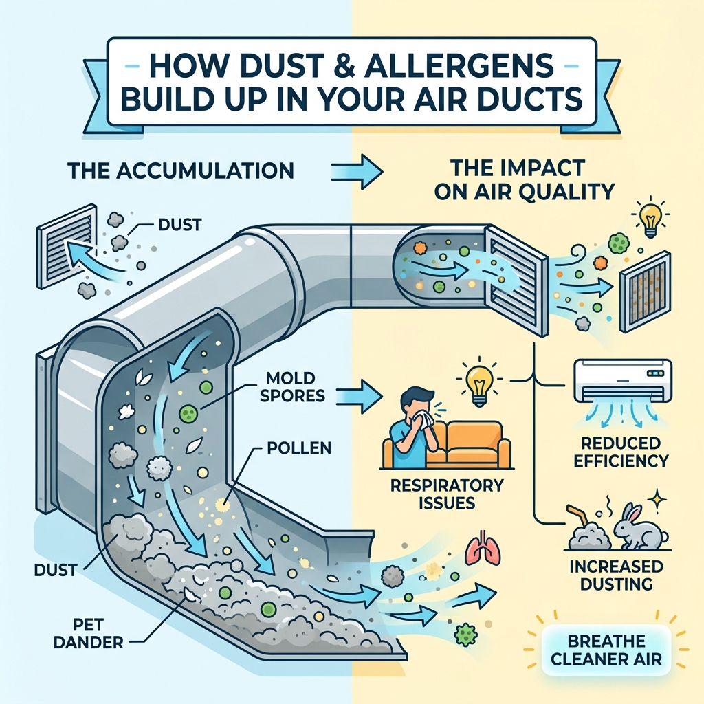Infographic showing how dust and allergens accumulate in air ducts and affect home air quality - certified air duct cleaning