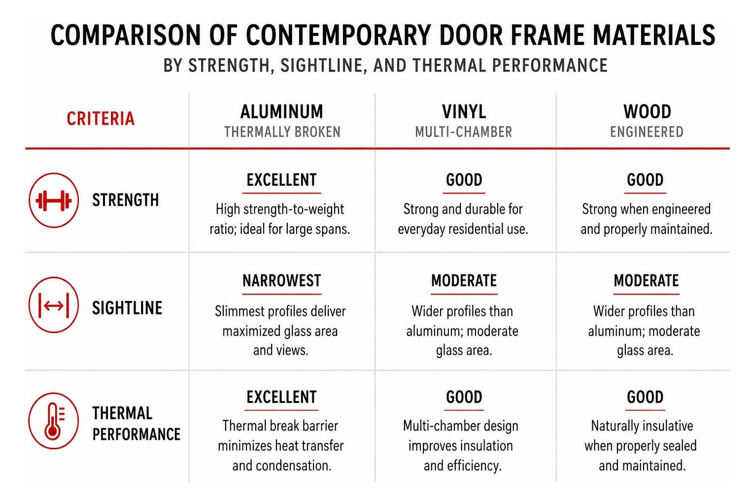 Comparison of contemporary door frame materials by strength, sightline, and thermal performance Comparison of contemporary door frame materials by strength, sightline, and thermal performance