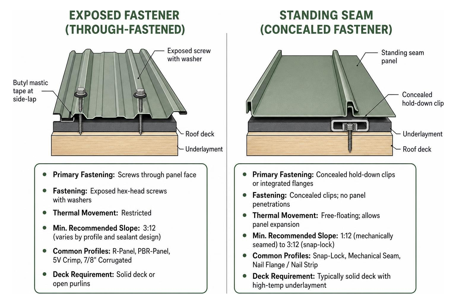 exposed fastener versus standing seam mechanical attachment diagram exposed fastener versus standing seam mechanical attachment diagram