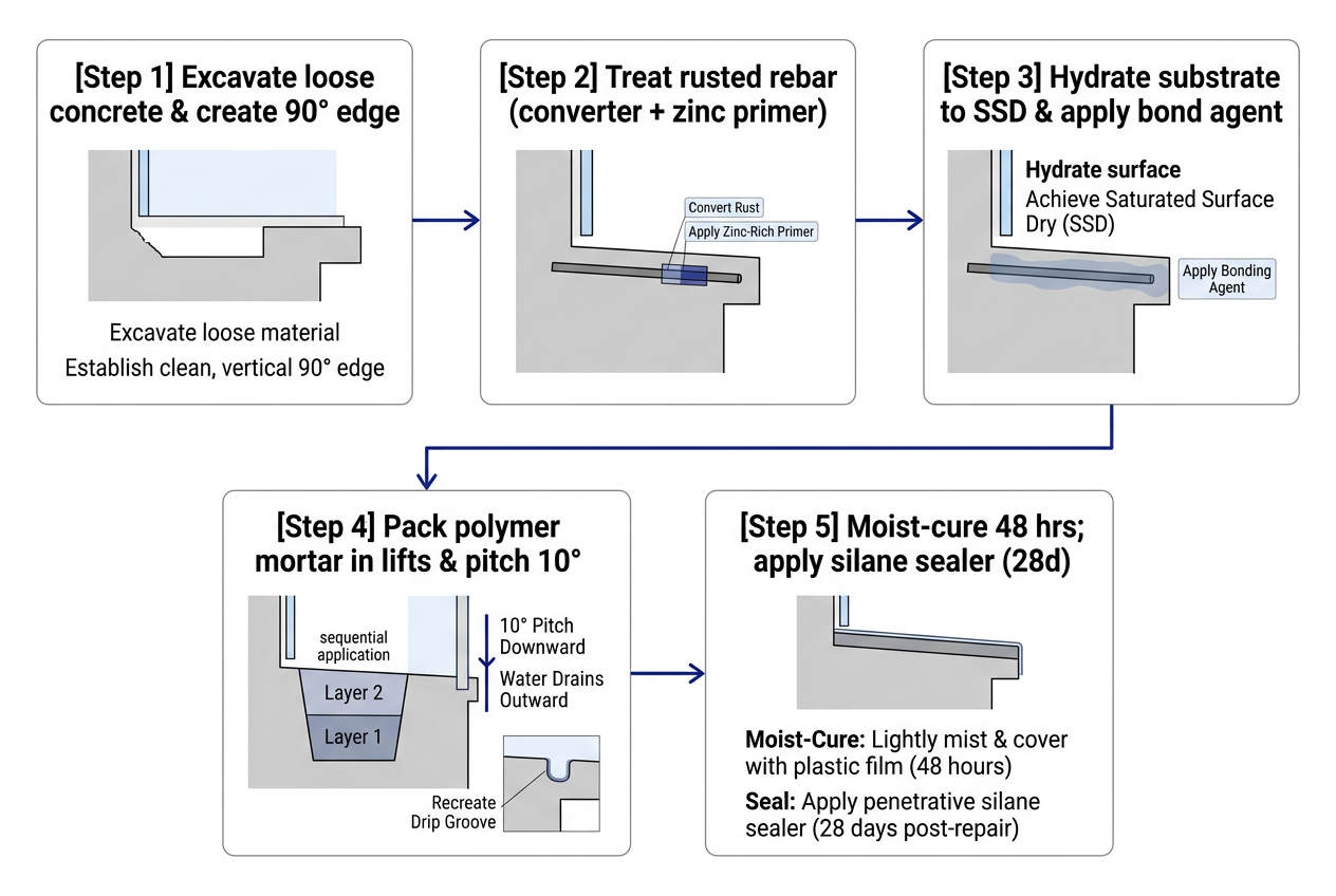 Step-by-step workflow for concrete window sill restoration