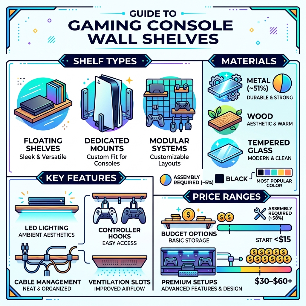 infographic showing types, materials, features, and price ranges of gaming console wall shelves - gaming console wall