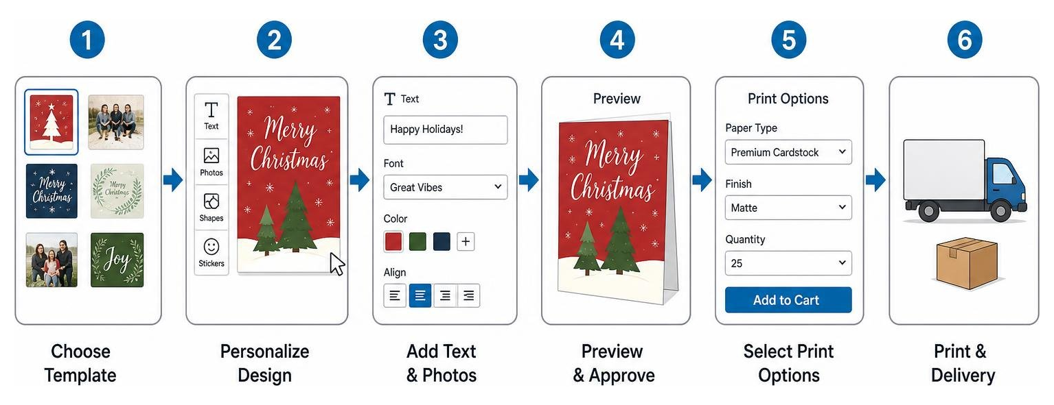 Sequence showing step-by-step online card creation from template selection to final print delivery Sequence showing step-by-step online card creation from template selection to final print delivery