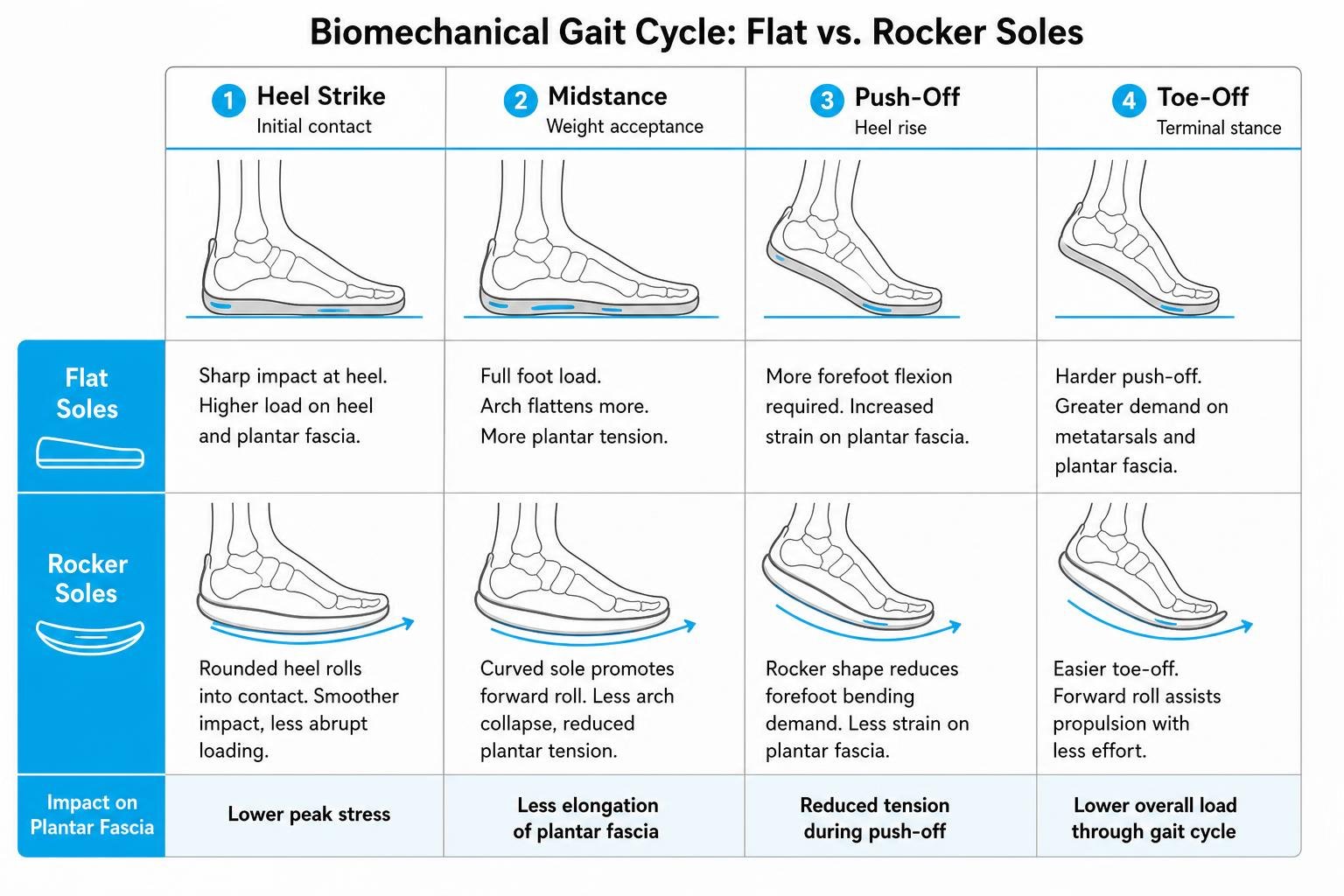 Biomechanical gait cycle stages comparing flat versus rocker soles Biomechanical gait cycle stages comparing flat versus rocker soles